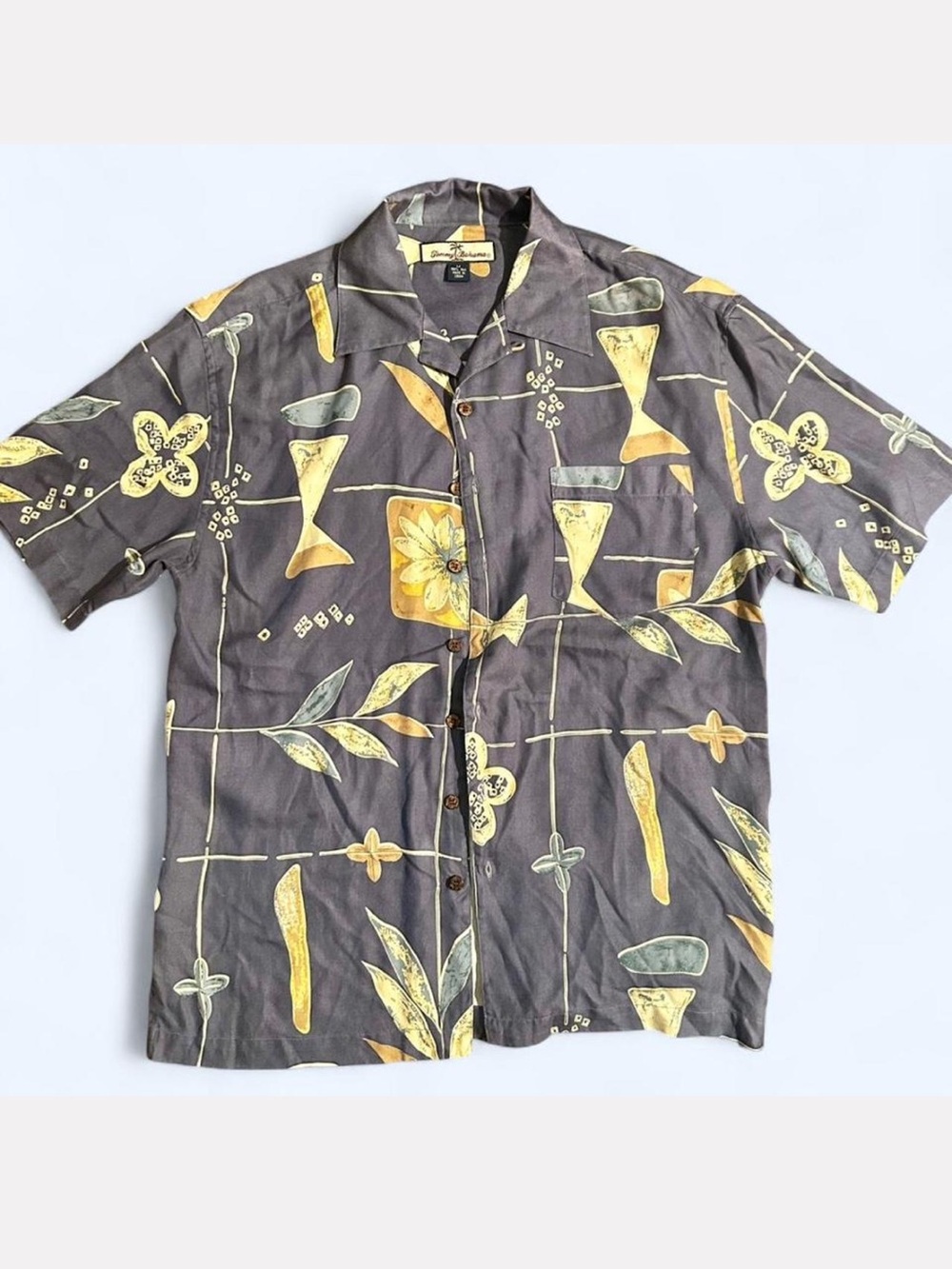 Tommy Bahama 100% Silk Hawaiian Navy Tan Camp Shirt Medium Tropical Relax